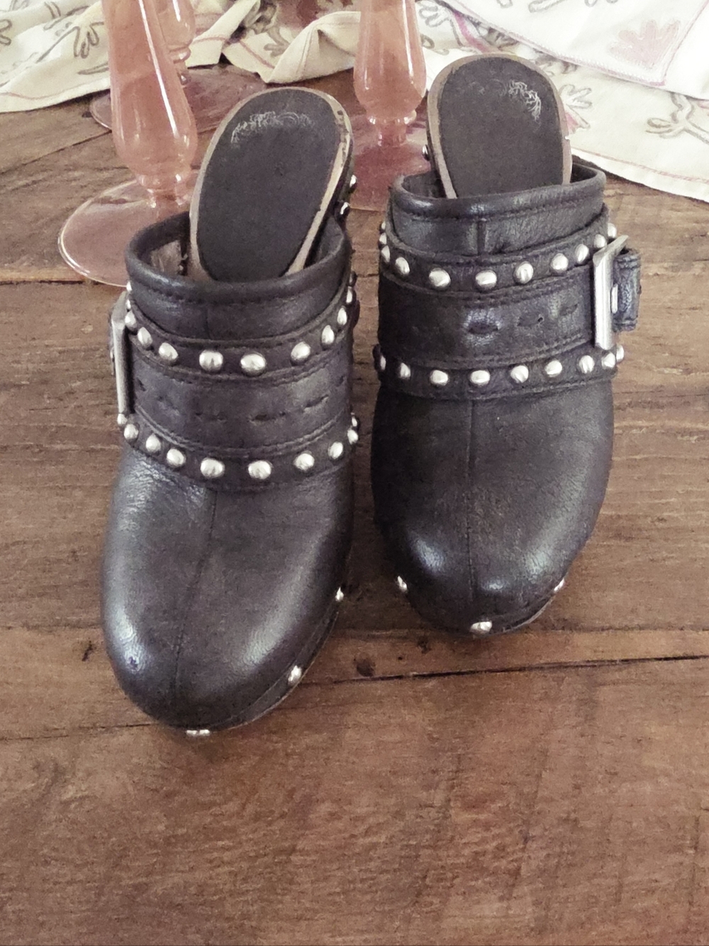 Vince Camuto Black Studded Leather Mule Clogs